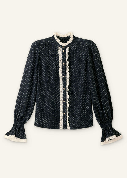Black Micro Polka Dot And Lace Blouse | ME+EM