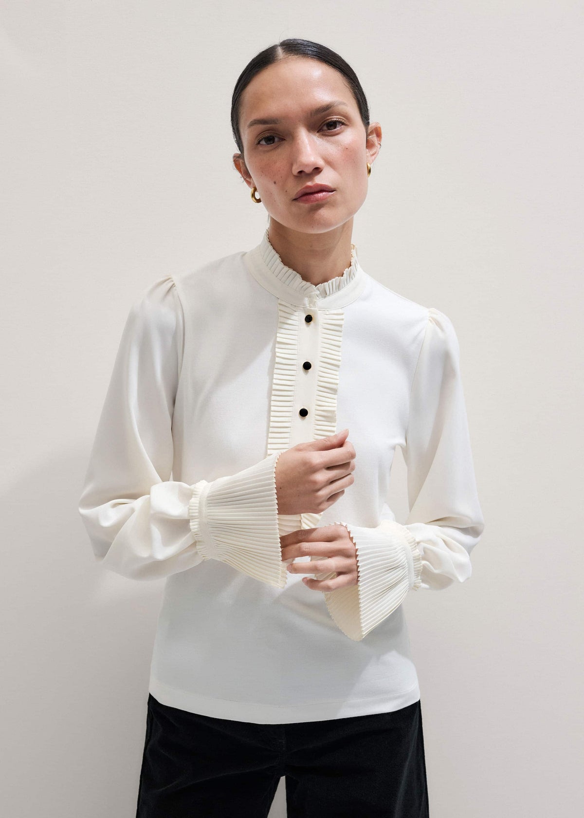Cream Frill Neck Layering Blouse + Tie | ME+EM