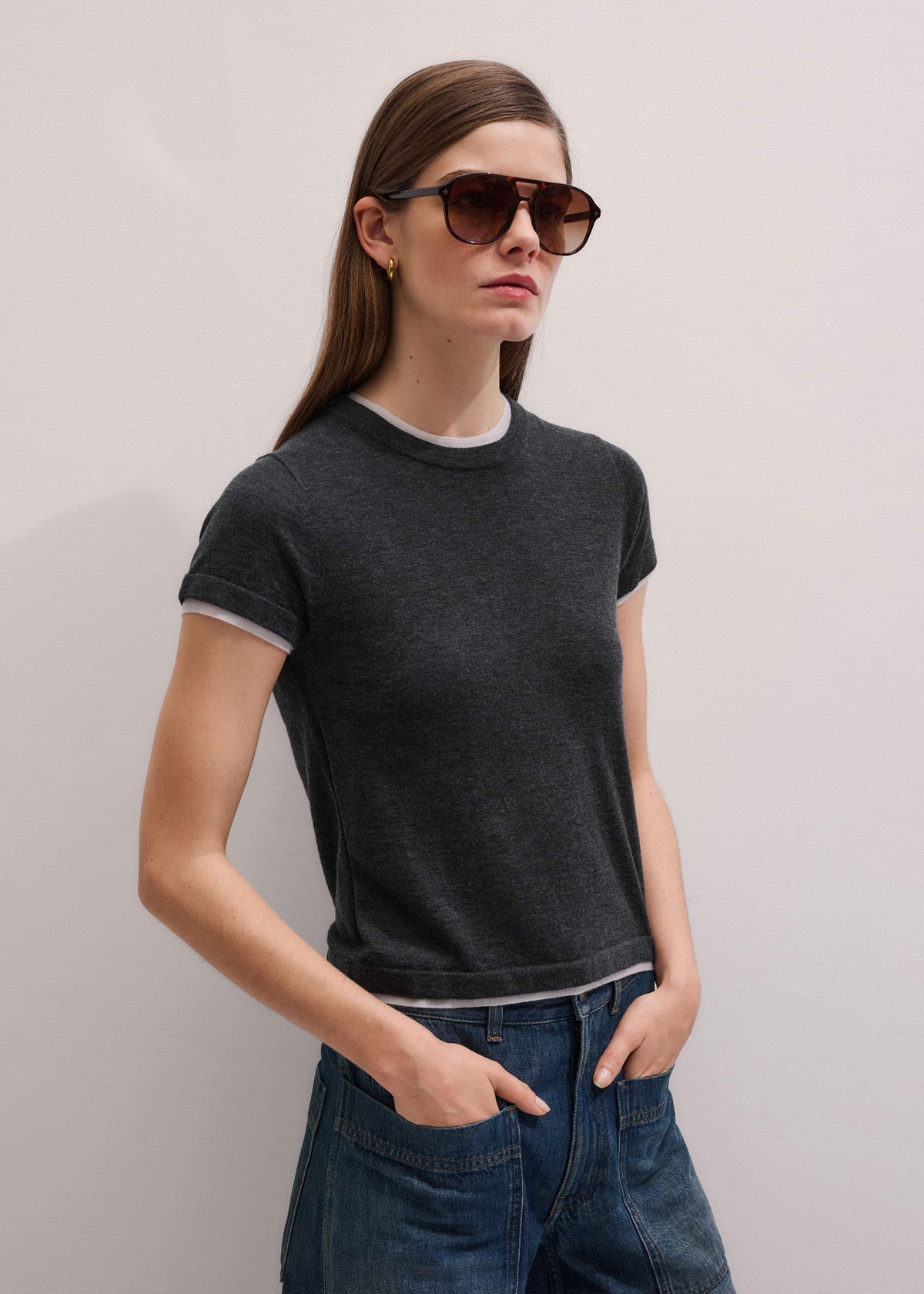 Grey Barely There Contrast Trim Knit Baby Tee | ME+EM