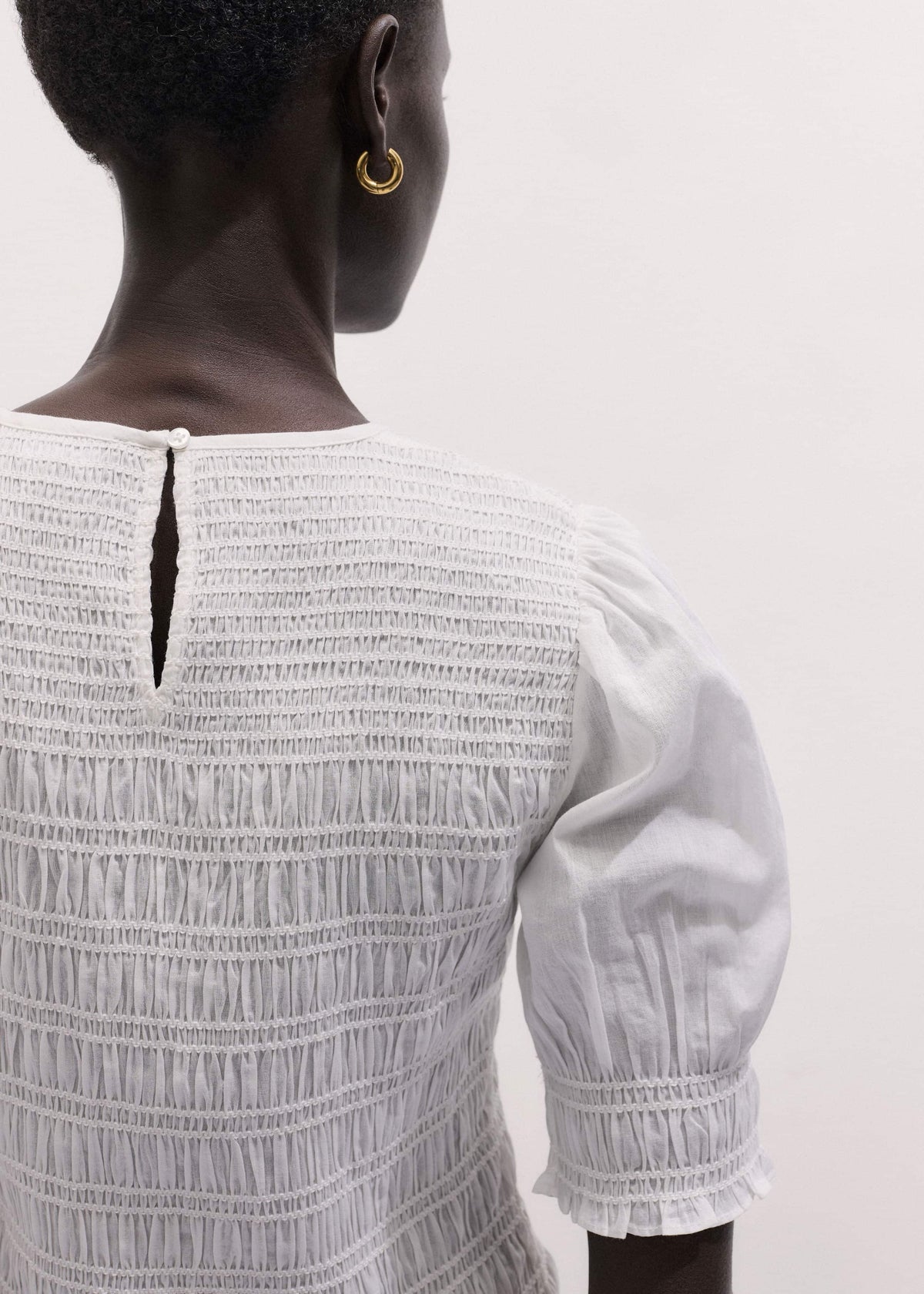 White Soft Cotton Contrast Stitch Smocked Day Top | ME+EM