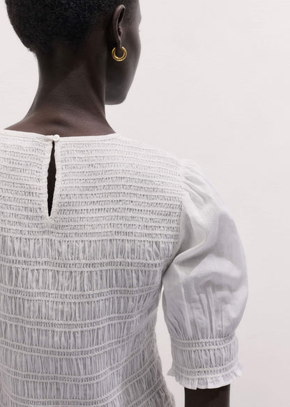 White Soft Cotton Contrast Stitch Smocked Day Top | ME+EM