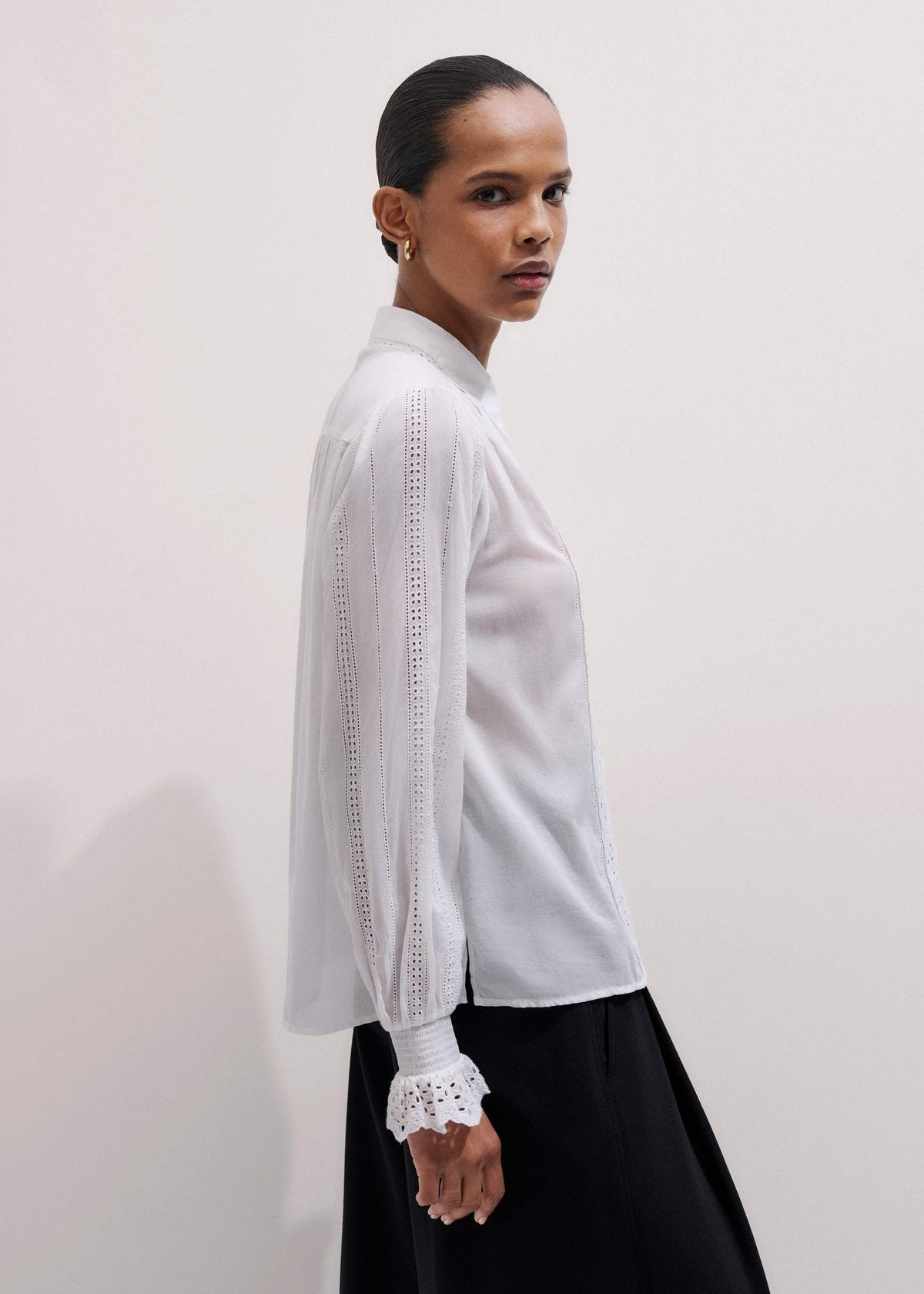 White Cotton Broderie Detail Straight Shirt | ME+EM