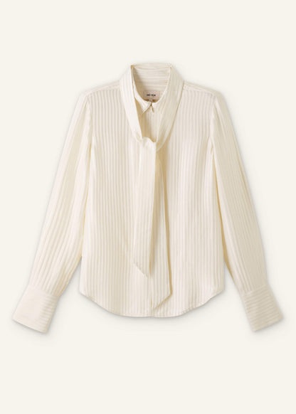 Cream AM-PM Stripe Fluid Satin Shirt + Tie | ME+EM