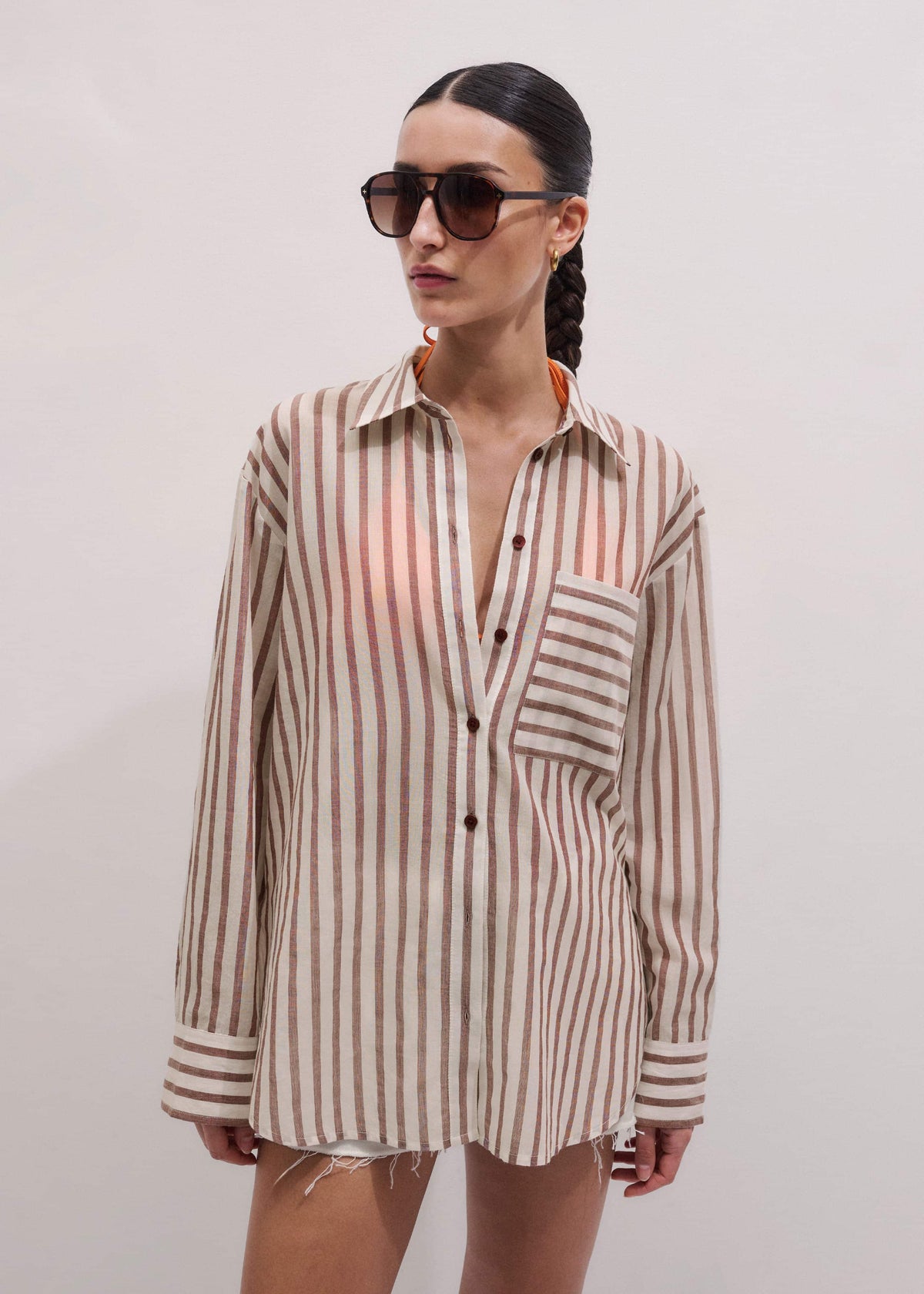 Cinnamon Brown Stripe Boyfriend Shirt | ME+EM