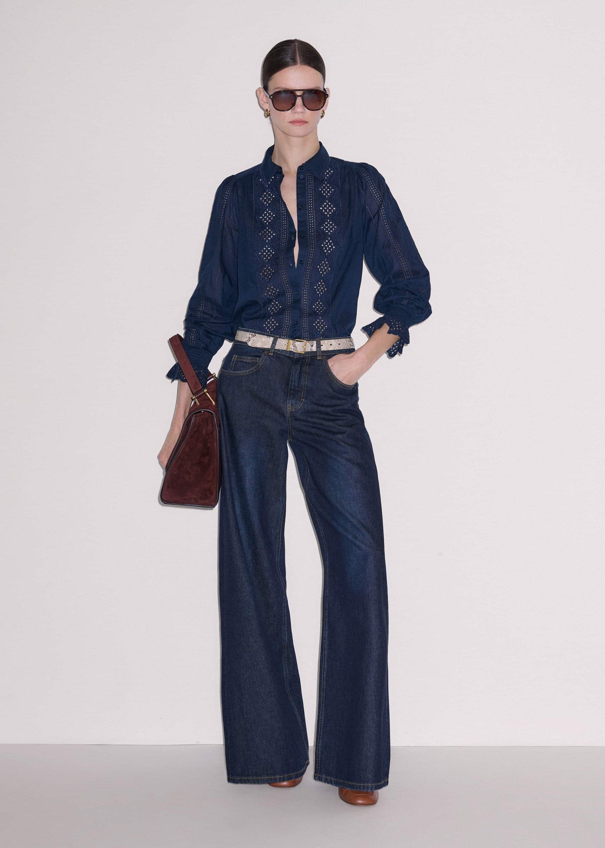 Navy Cotton Voile Broderie Detail Shirt | ME+EM
