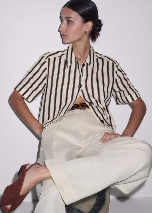 Cream Crease-Less Linen Spring Stripe Boxy Cropped Shirt | ME+EM