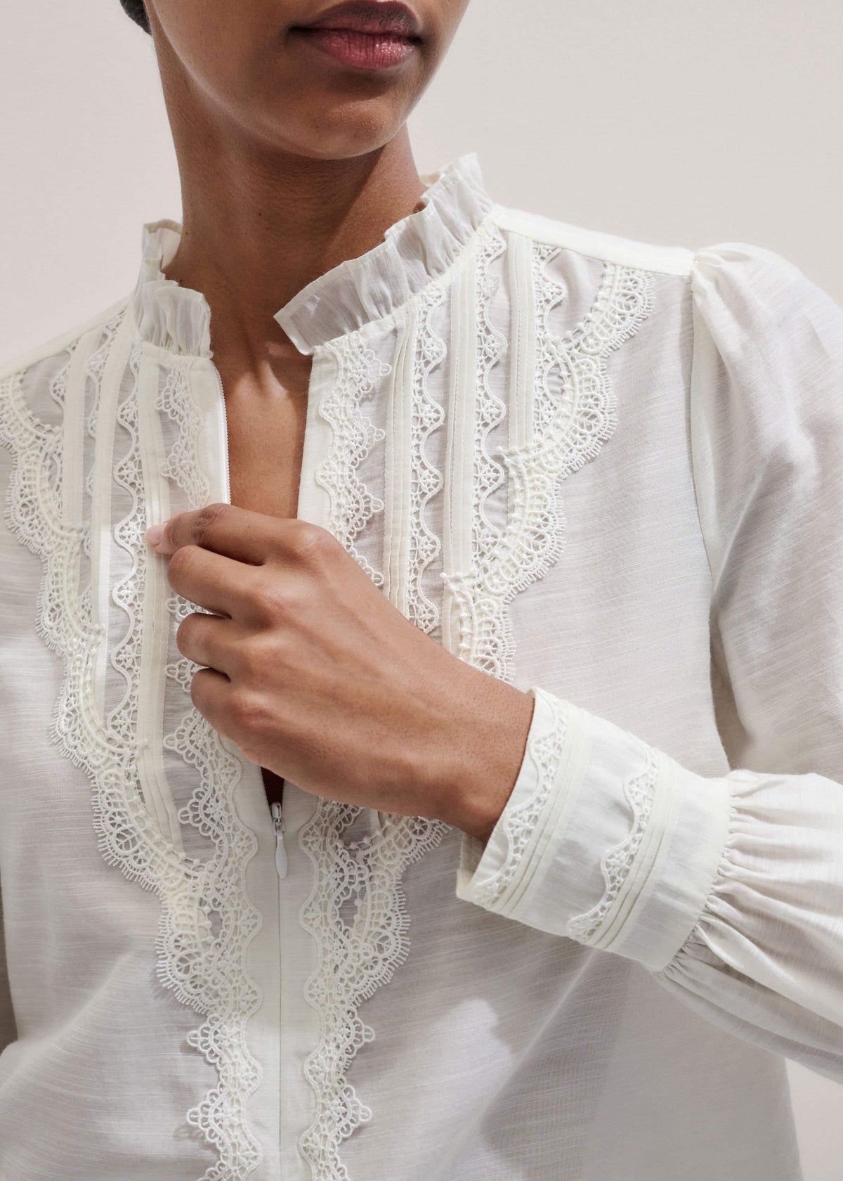 Cream Delicate Lace Trim Detail Top | ME+EM