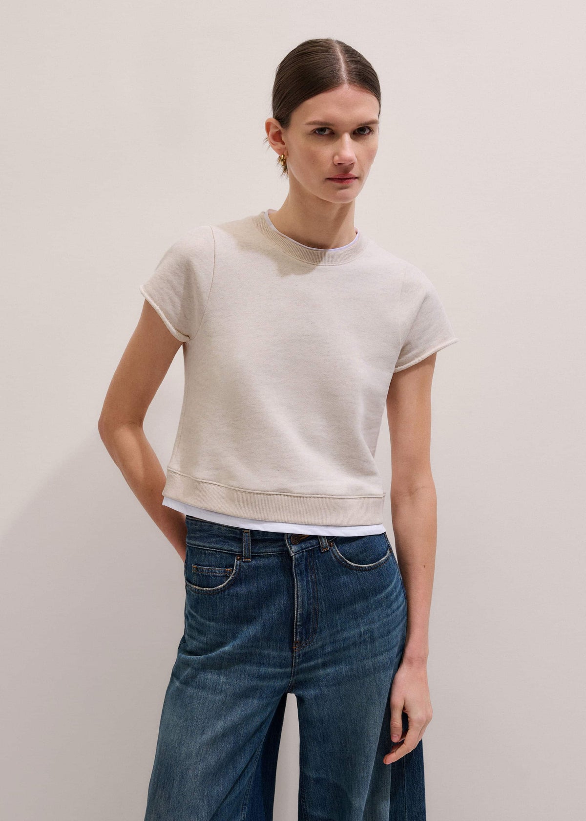 Oatmeal Double Layer Short Sleeve Sweatshirt | ME+EM