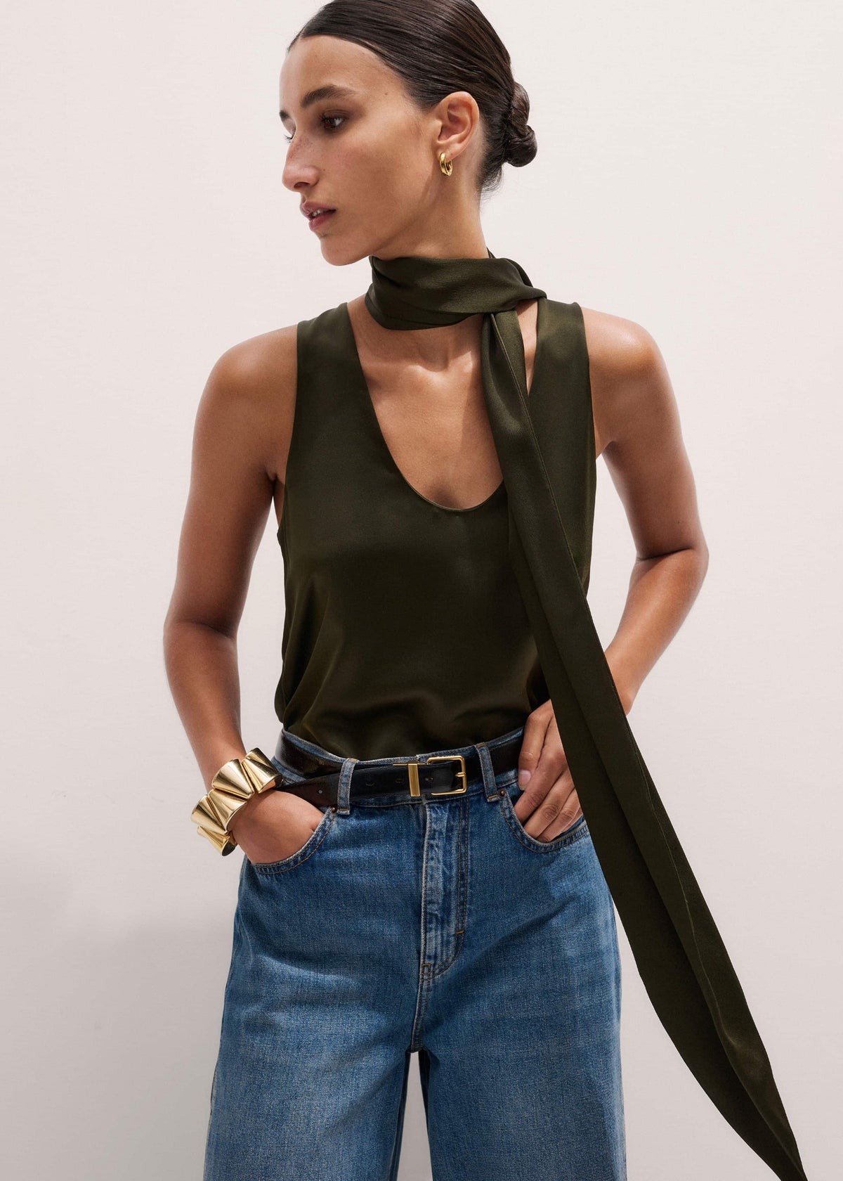 Olive Green Silk Satin Evening Tank Top | ME+EM