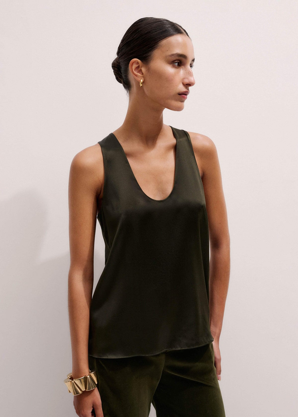 Olive Green Silk Satin Evening Tank Top | ME+EM