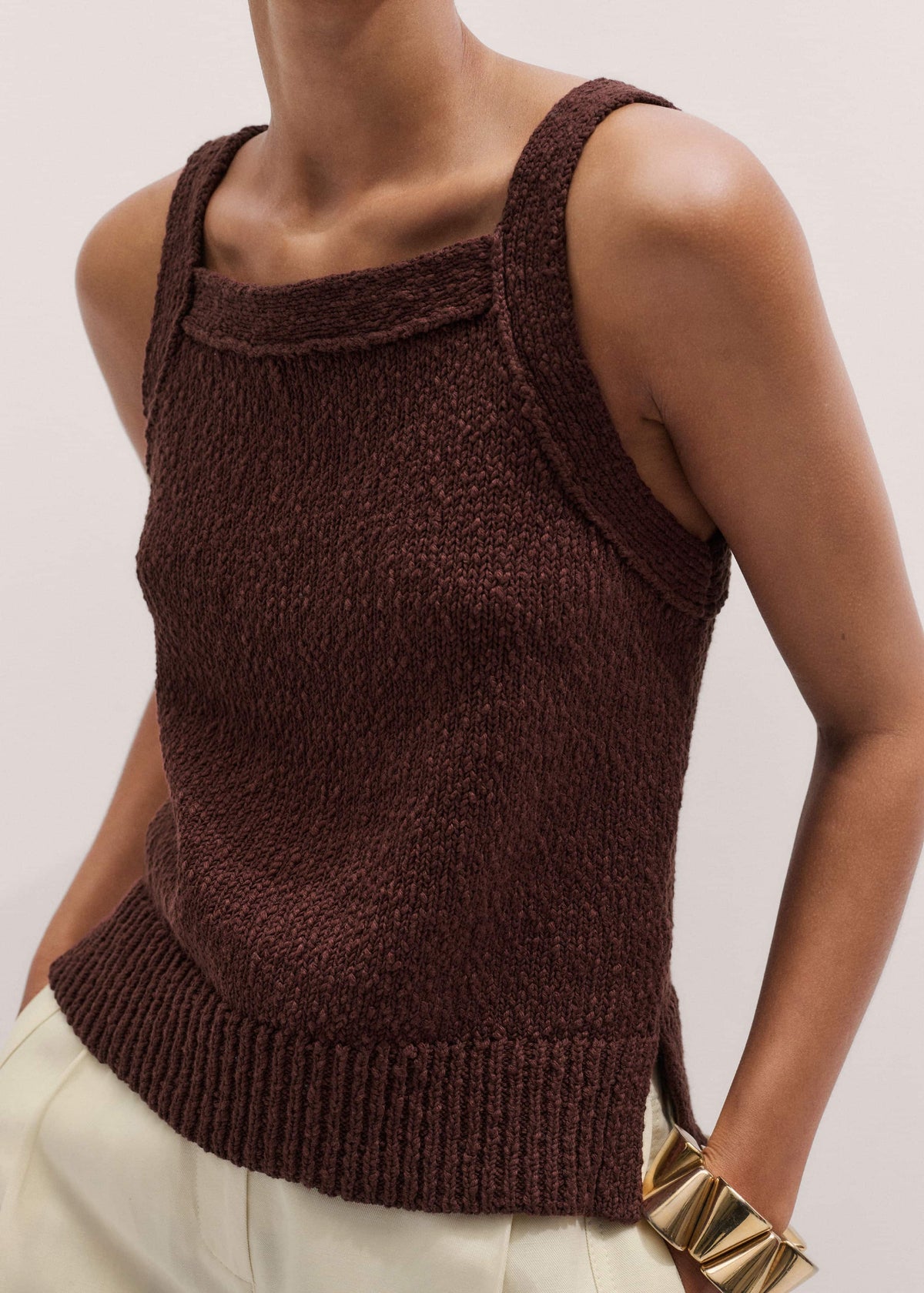 Cinnamon Brown Square Neck Knit Top | ME+EM