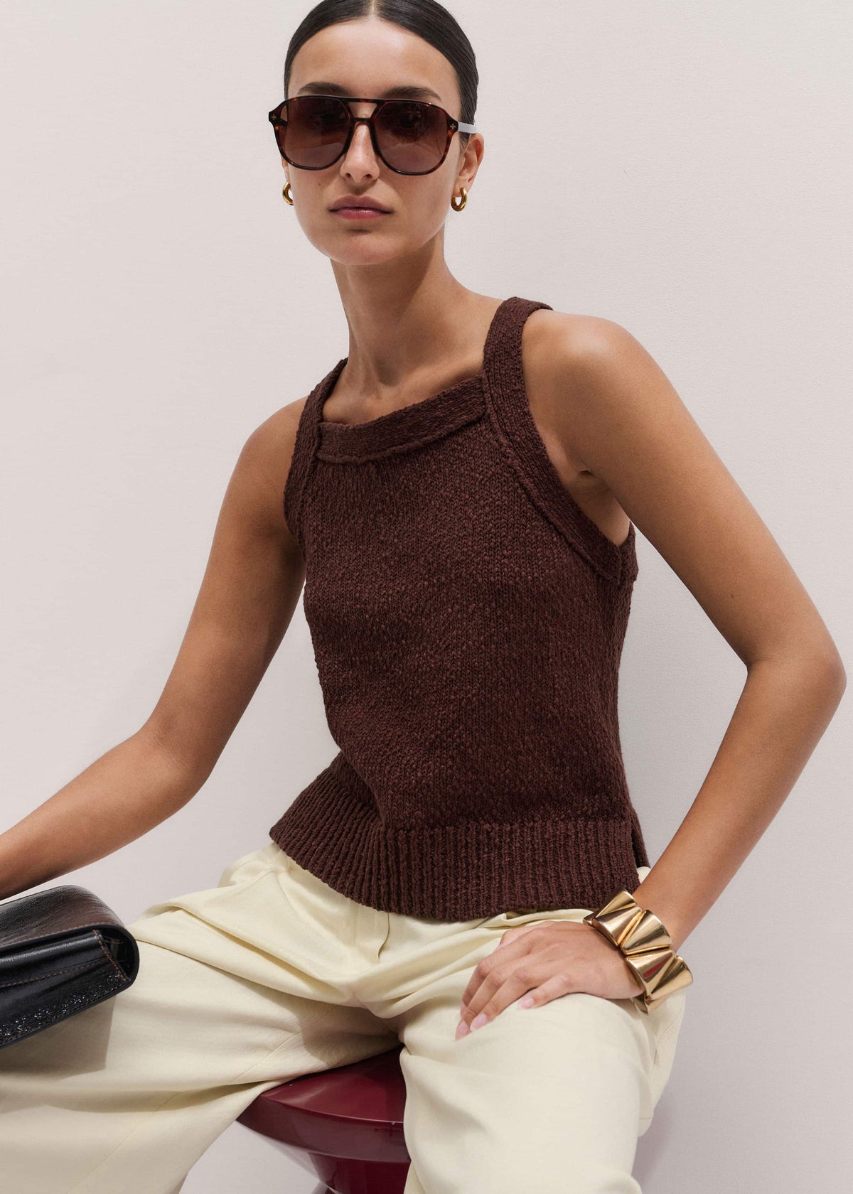Cinnamon Brown Square Neck Knit Top | ME+EM