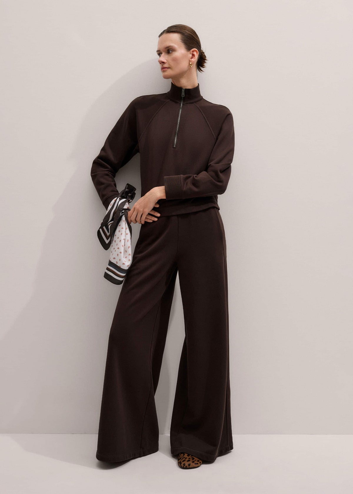 Brown Sweatshirt Cropped Funnel Neck Top | ME+EM