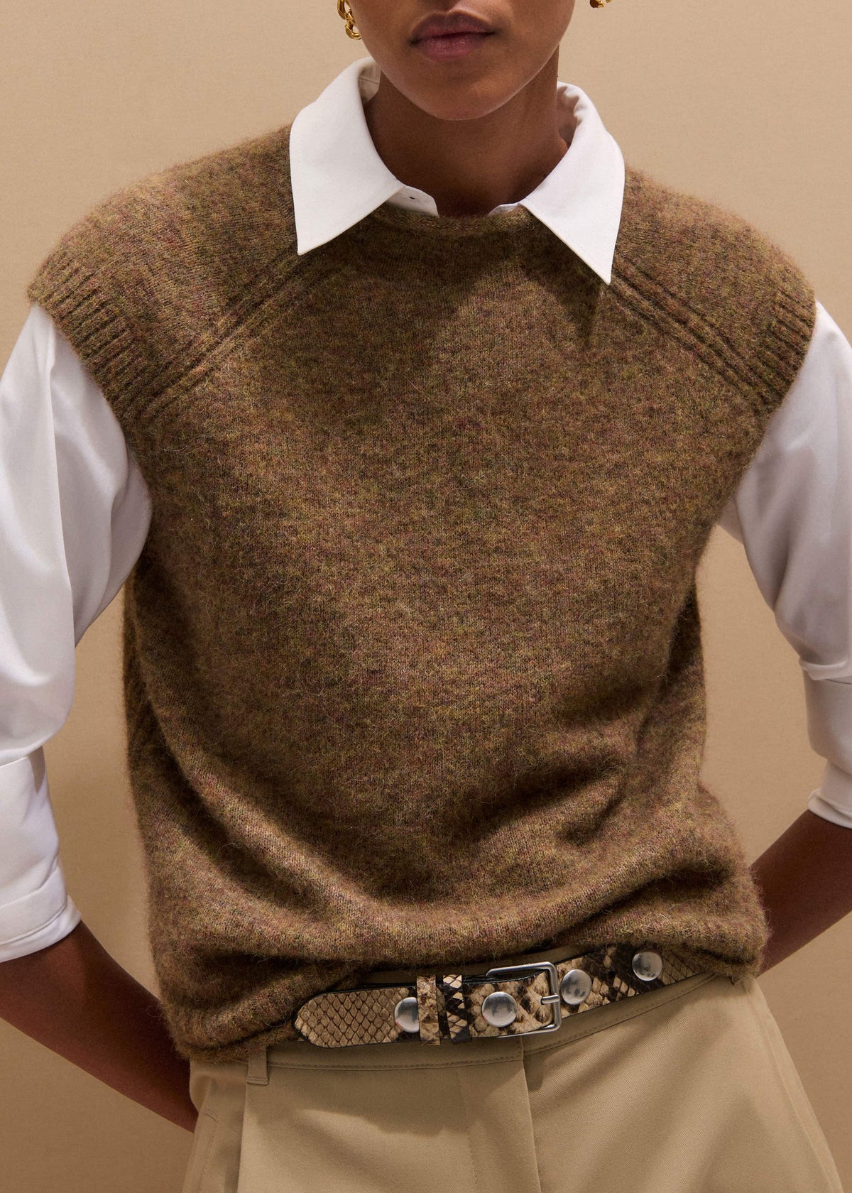 Brown Roll Trim Straight Layering Sweater Vest | ME+EM