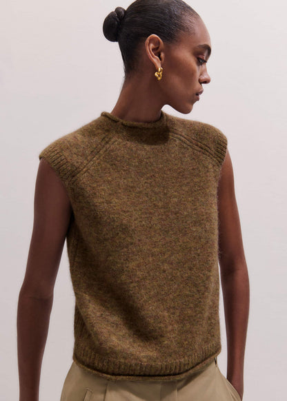 Brown Roll Trim Straight Layering Sweater Vest | ME+EM