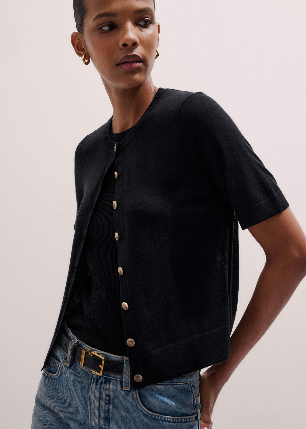 Black Merino Cashmere Barely There Buttoned Knit Tee | ME+EM