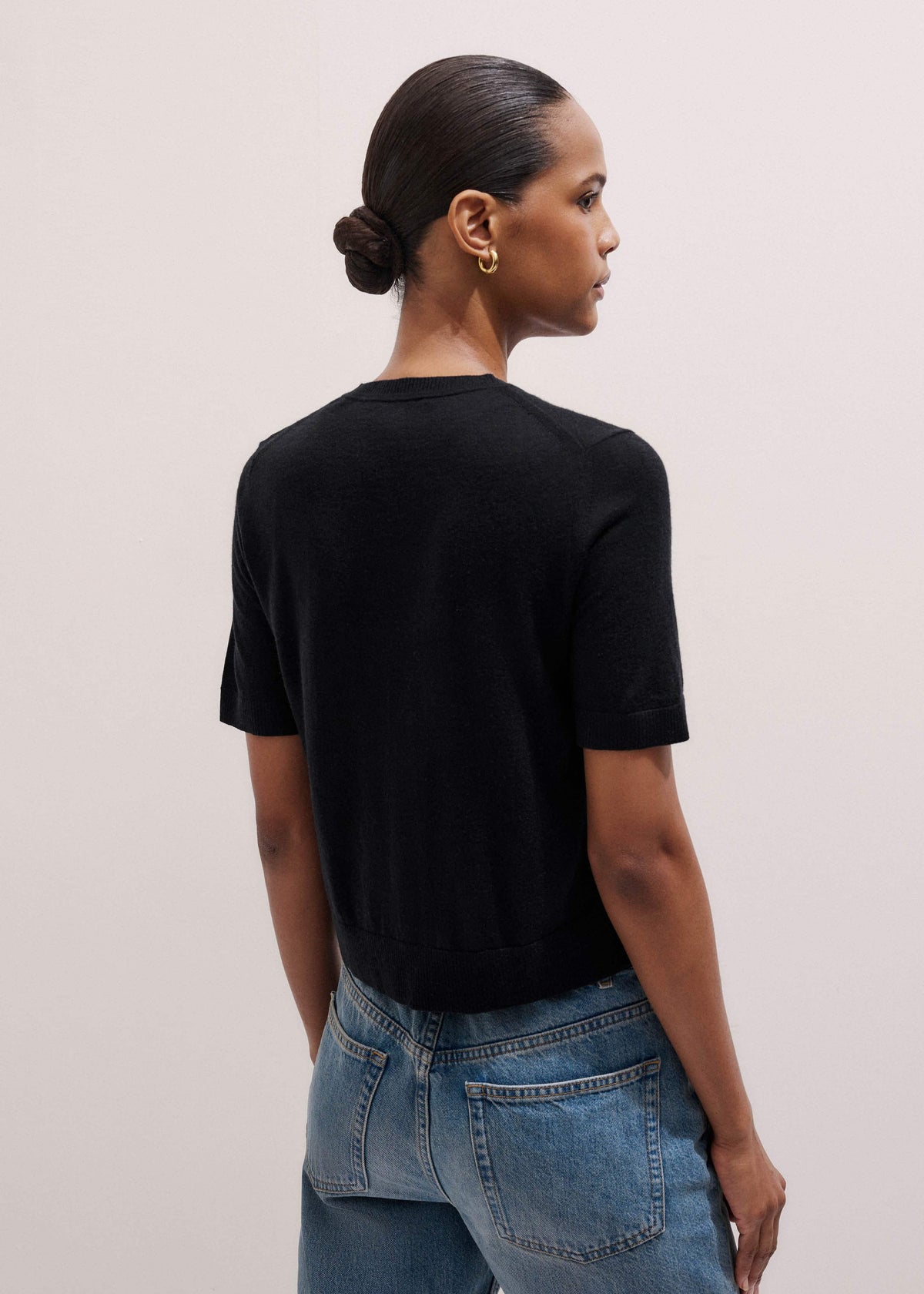 Black Merino Cashmere Barely There Buttoned Knit Tee | ME+EM