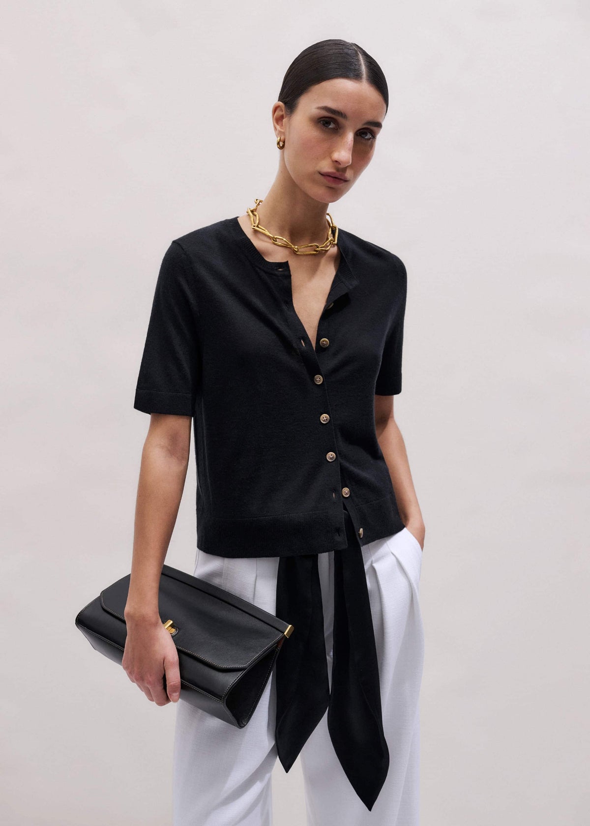 Black Merino Cashmere Barely There Buttoned Knit Tee | ME+EM