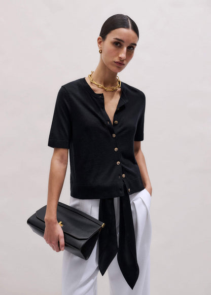 Black Merino Cashmere Barely There Buttoned Knit Tee | ME+EM