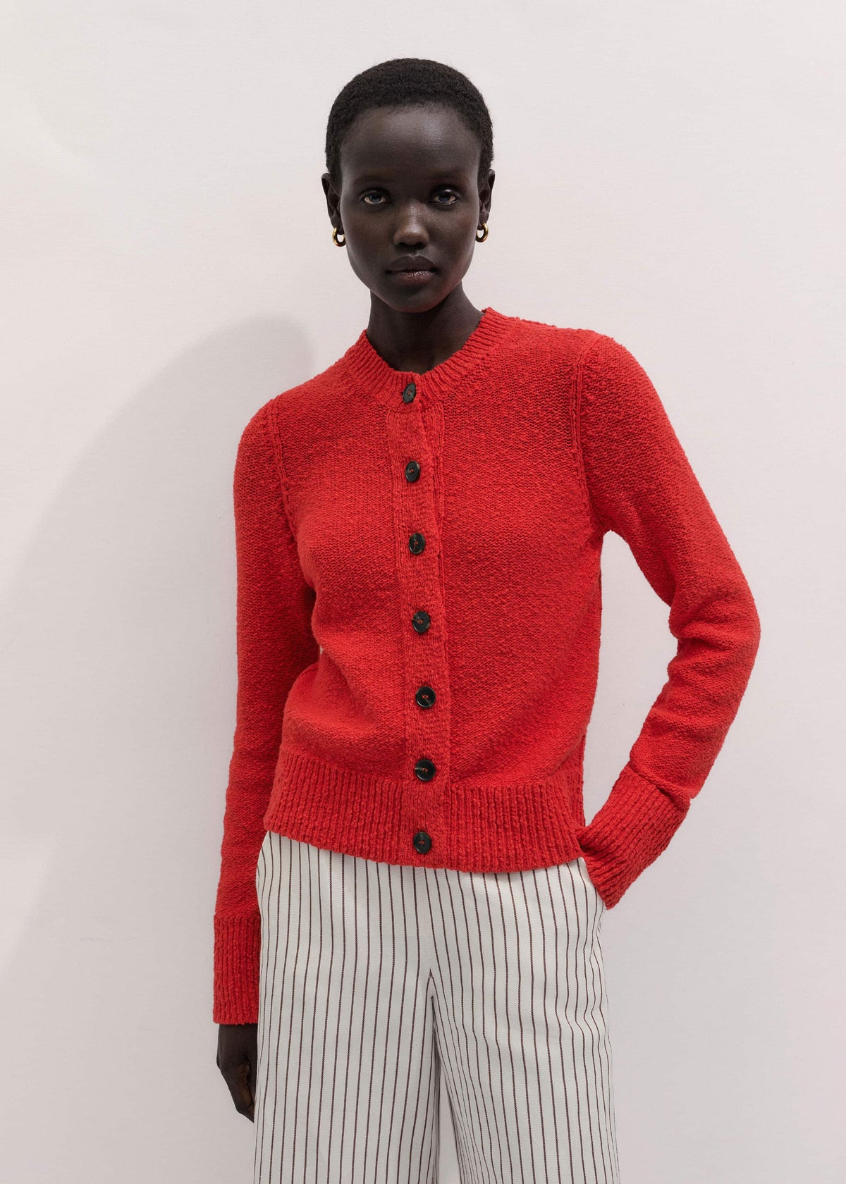 Red Bouclé Straight Knit Cardigan | ME+EM