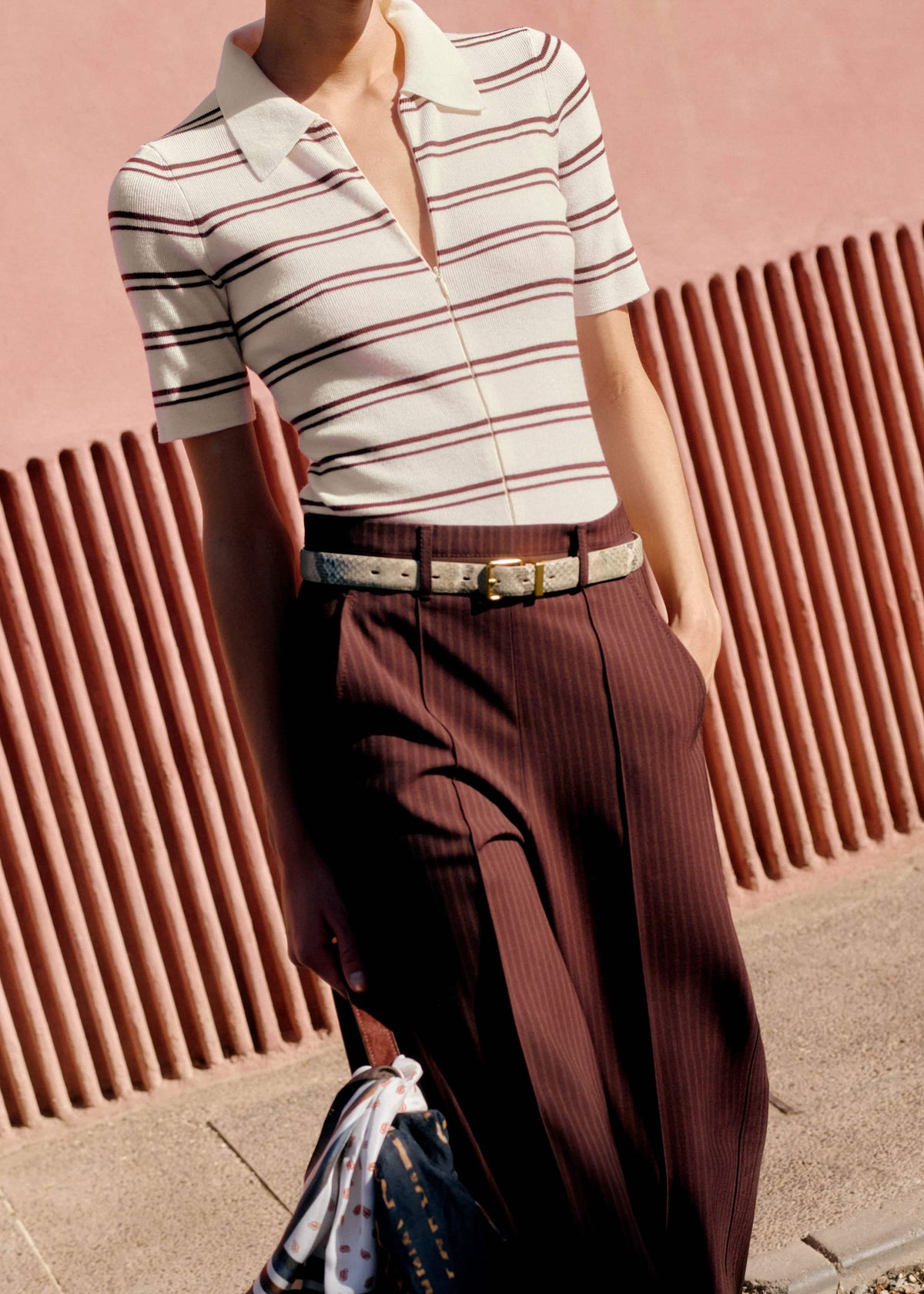 Cream Two-Way Zip Stripe Slim Tee | ME+EM