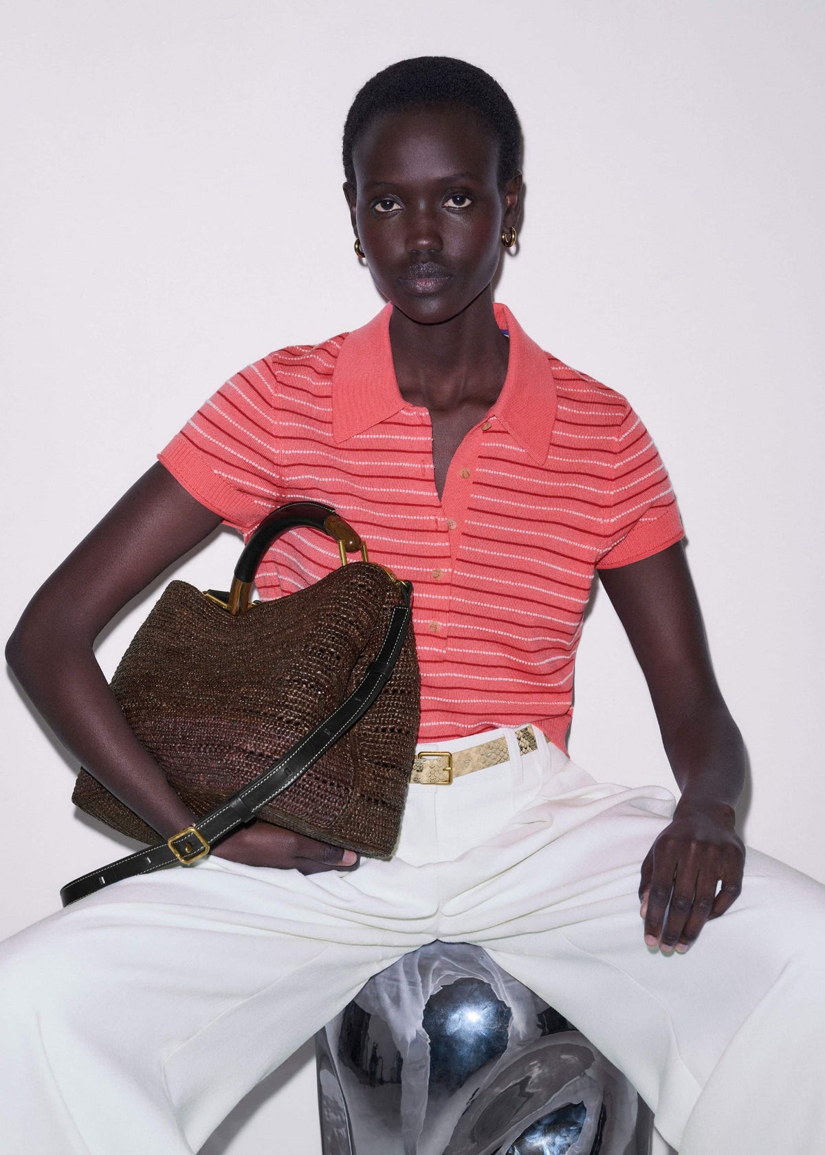 Pink Textured Stripe Straight Sporty Smart Polo Tee | ME+EM