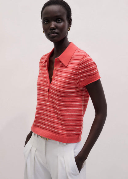 Pink Textured Stripe Straight Sporty Smart Polo Tee | ME+EM