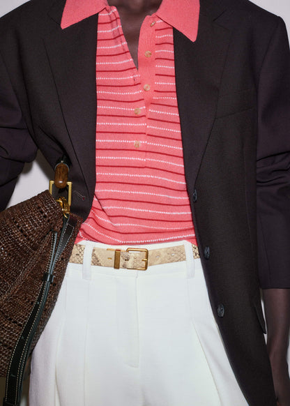 Pink Textured Stripe Straight Sporty Smart Polo Tee | ME+EM