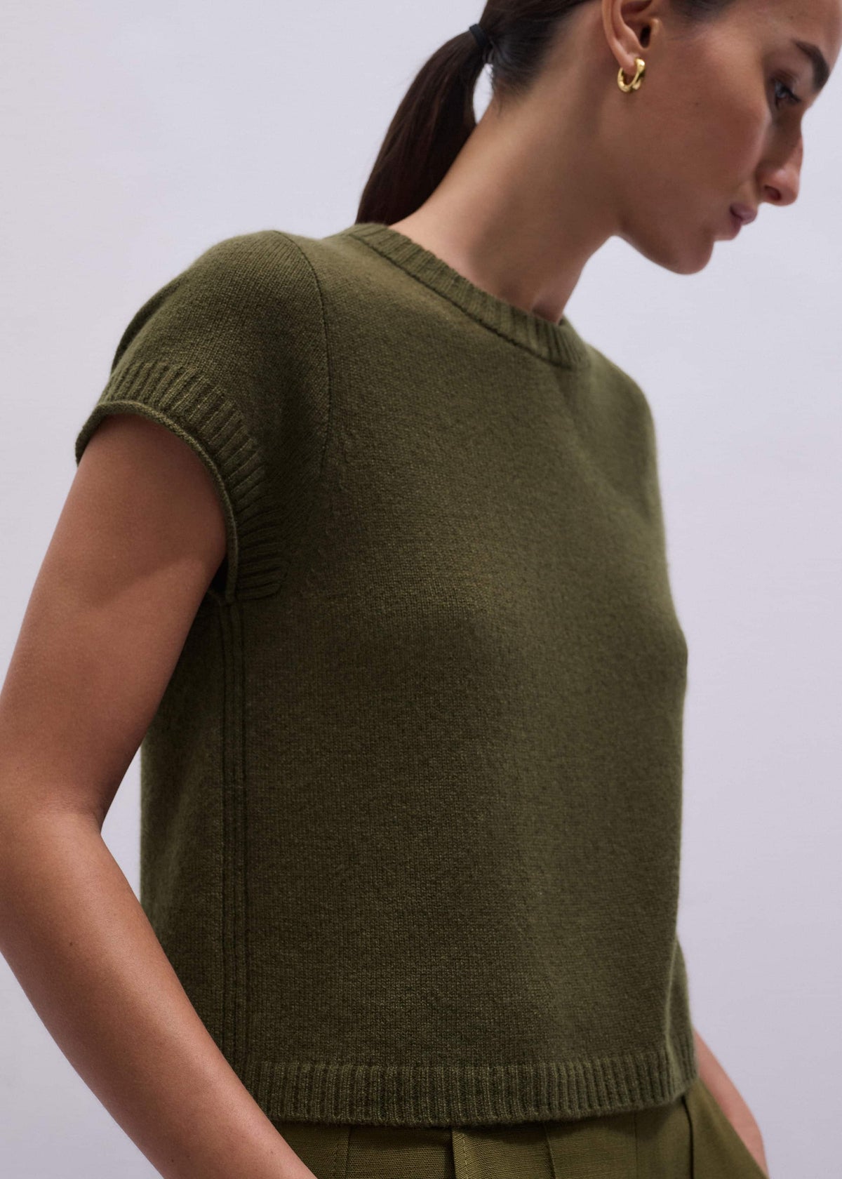Olive Green Cashmere Shrunken Knit Baby Tee | ME+EM