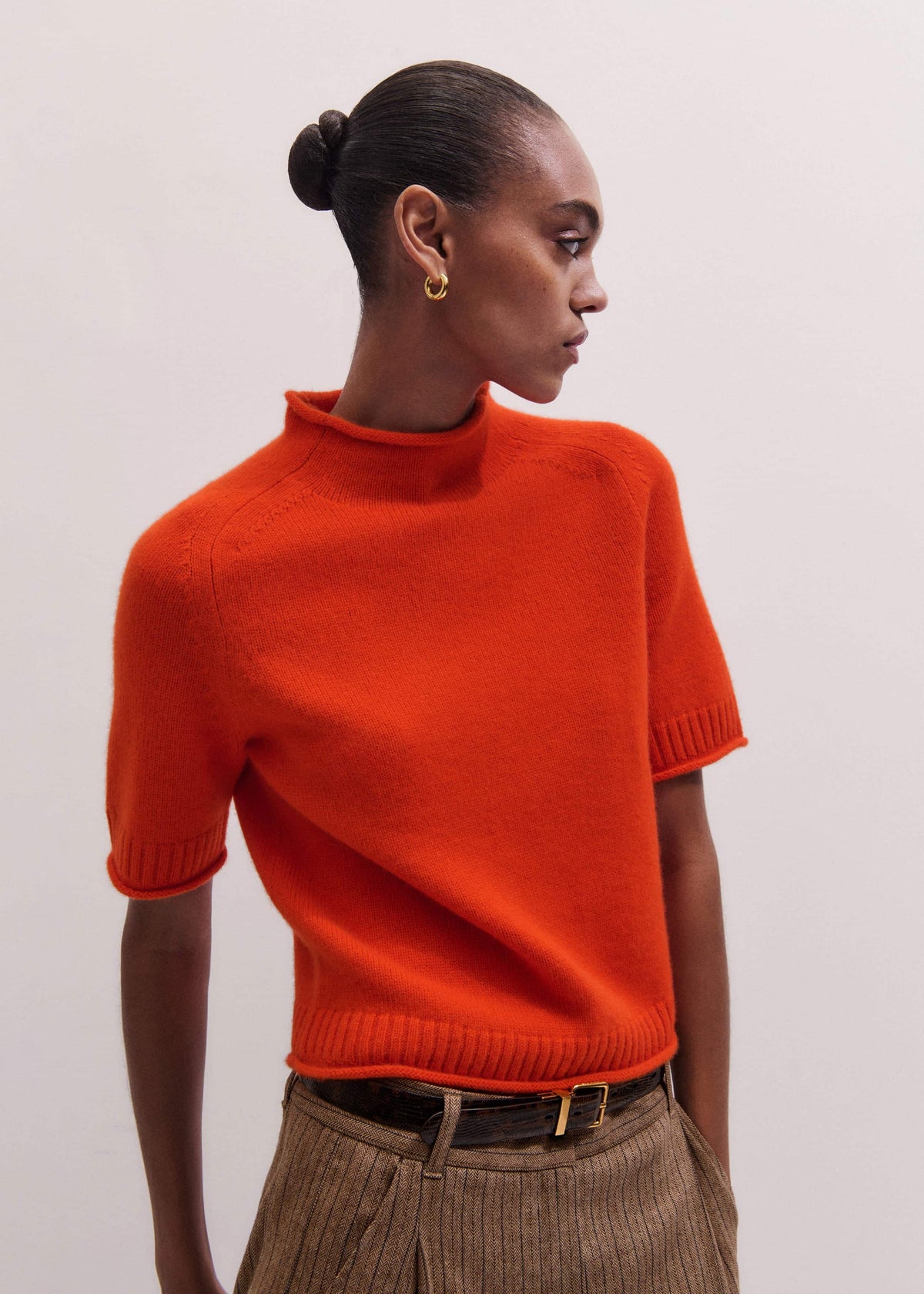 Orange Cashmere Roll Trim Knit Tee | ME+EM