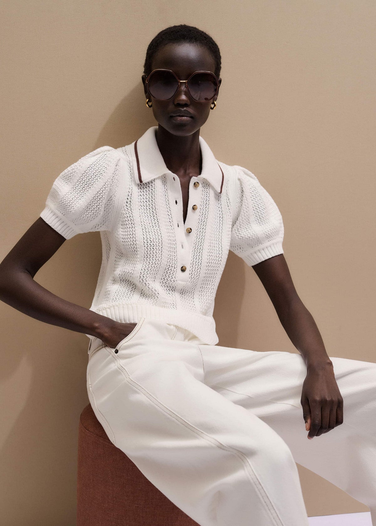 Cream Pointelle Pouf Sleeve Sporty Smart Polo Top | ME+EM