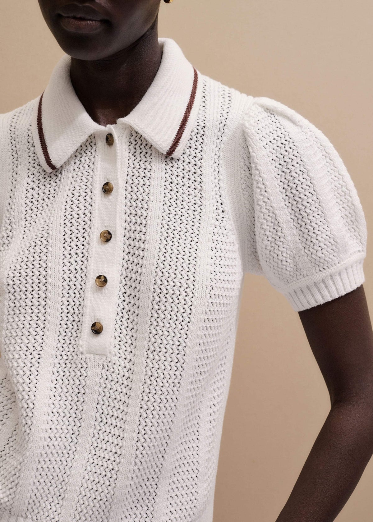 Cream Pointelle Pouf Sleeve Sporty Smart Polo Top | ME+EM