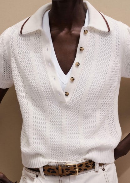 Cream Pointelle Pouf Sleeve Sporty Smart Polo Top | ME+EM