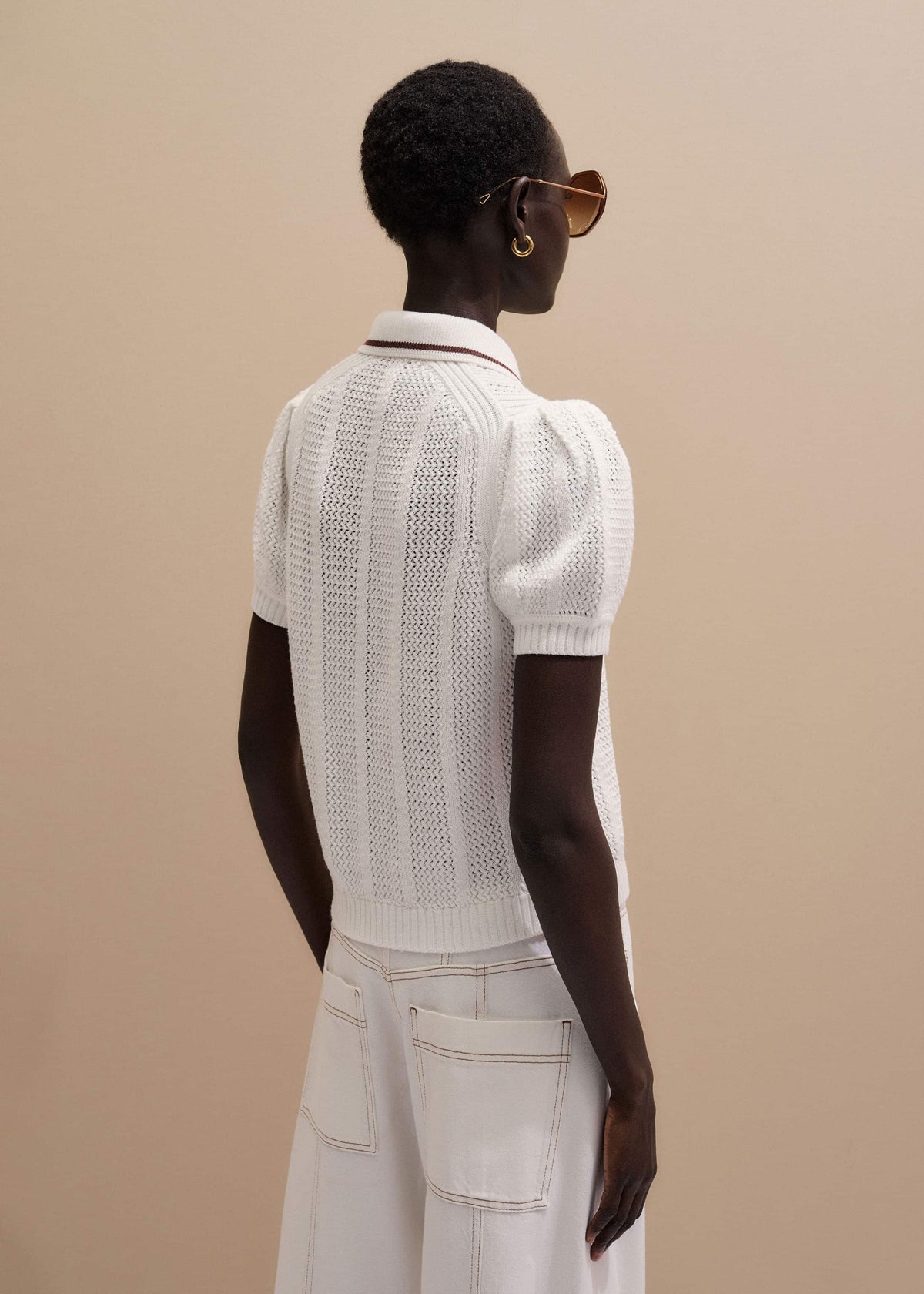 Cream Pointelle Pouf Sleeve Sporty Smart Polo Top | ME+EM