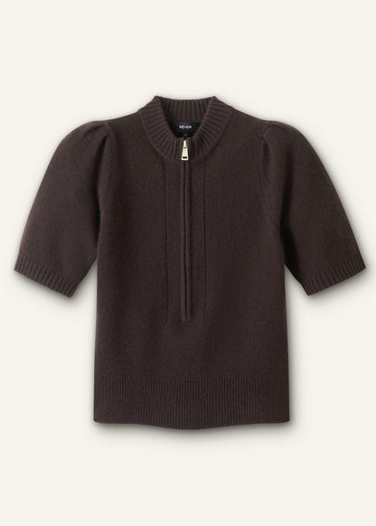 Brown Cashmere Zip Neck Pouf Sleeve Knit Tee | ME+EM