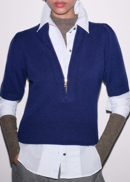 Blue Cashmere Zip Neck Pouf Sleeve Knit Tee | ME+EM