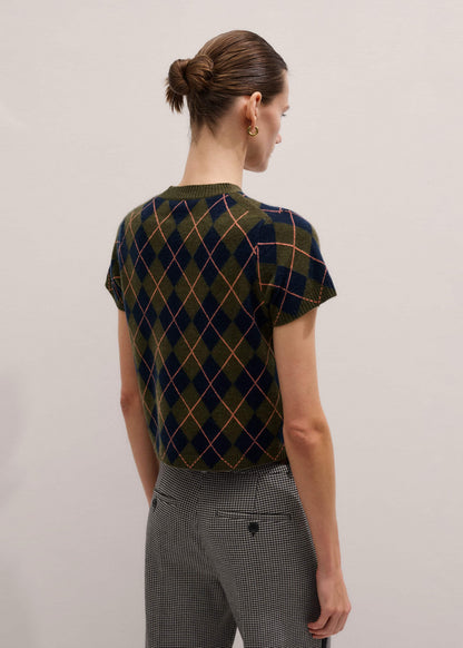 Olive Green Cashmere Argyle Knit Baby Tee | ME+EM