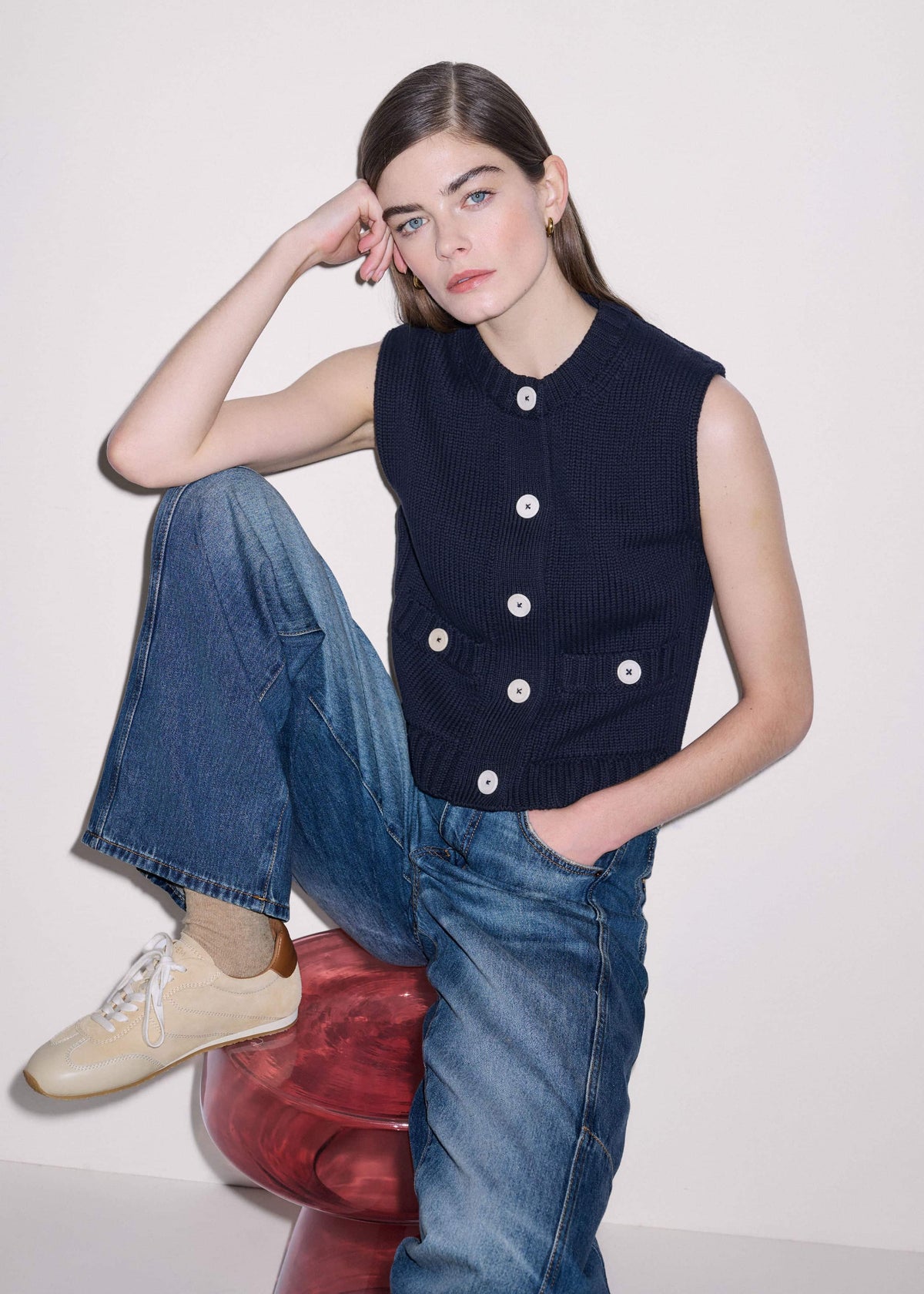 Navy Straight Crop Vest | ME+EM