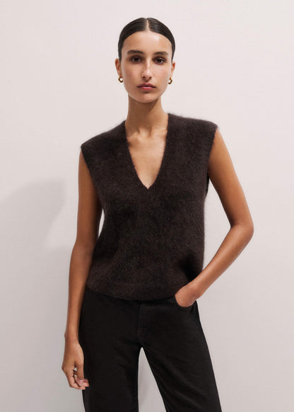 Brown Brushed Cashmere V-Neck Sweater Vest | ME+EM