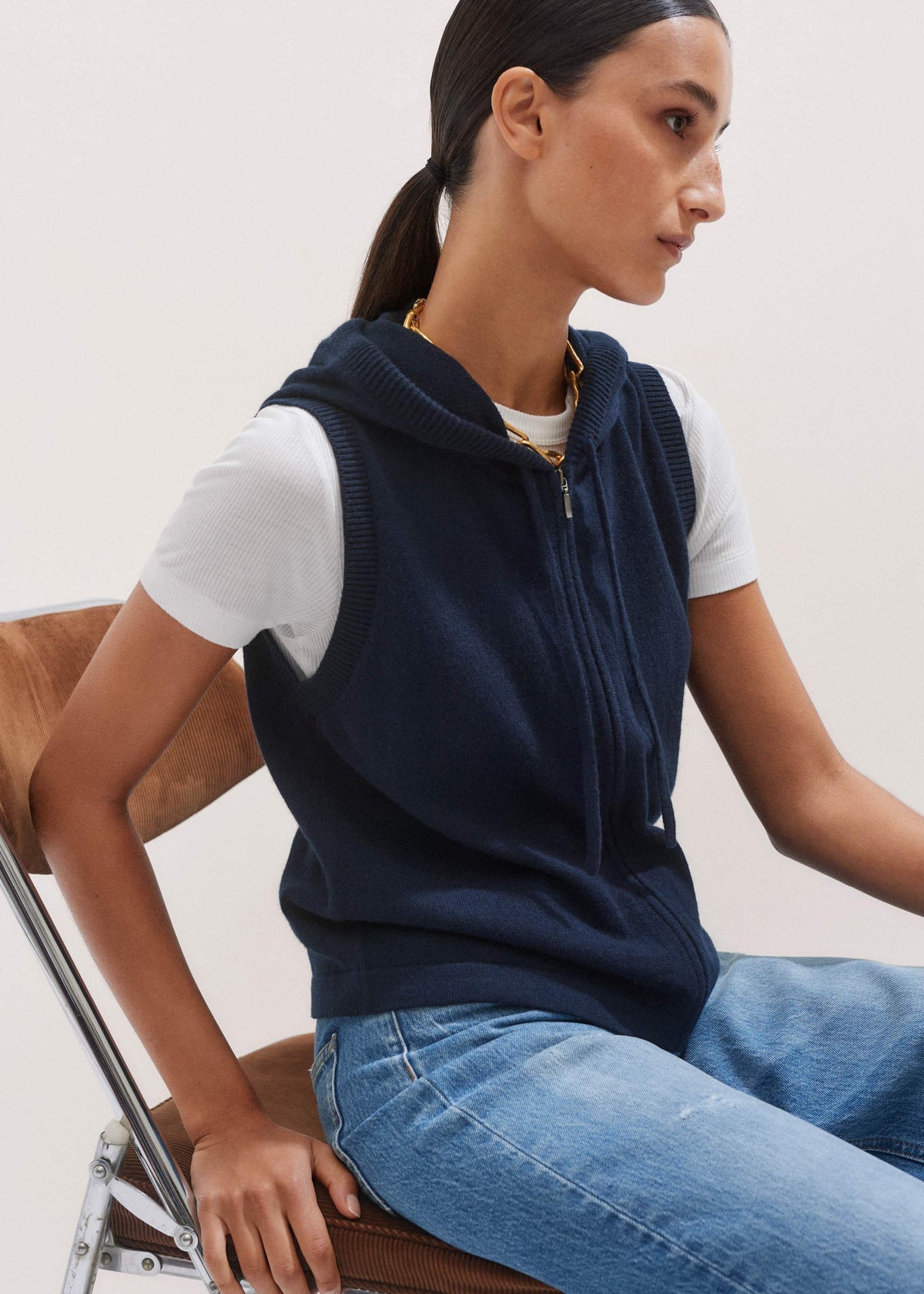 Navy Icon Cashmere Sleeveless Blazer Hoodie | Knitwear | ME+EM
