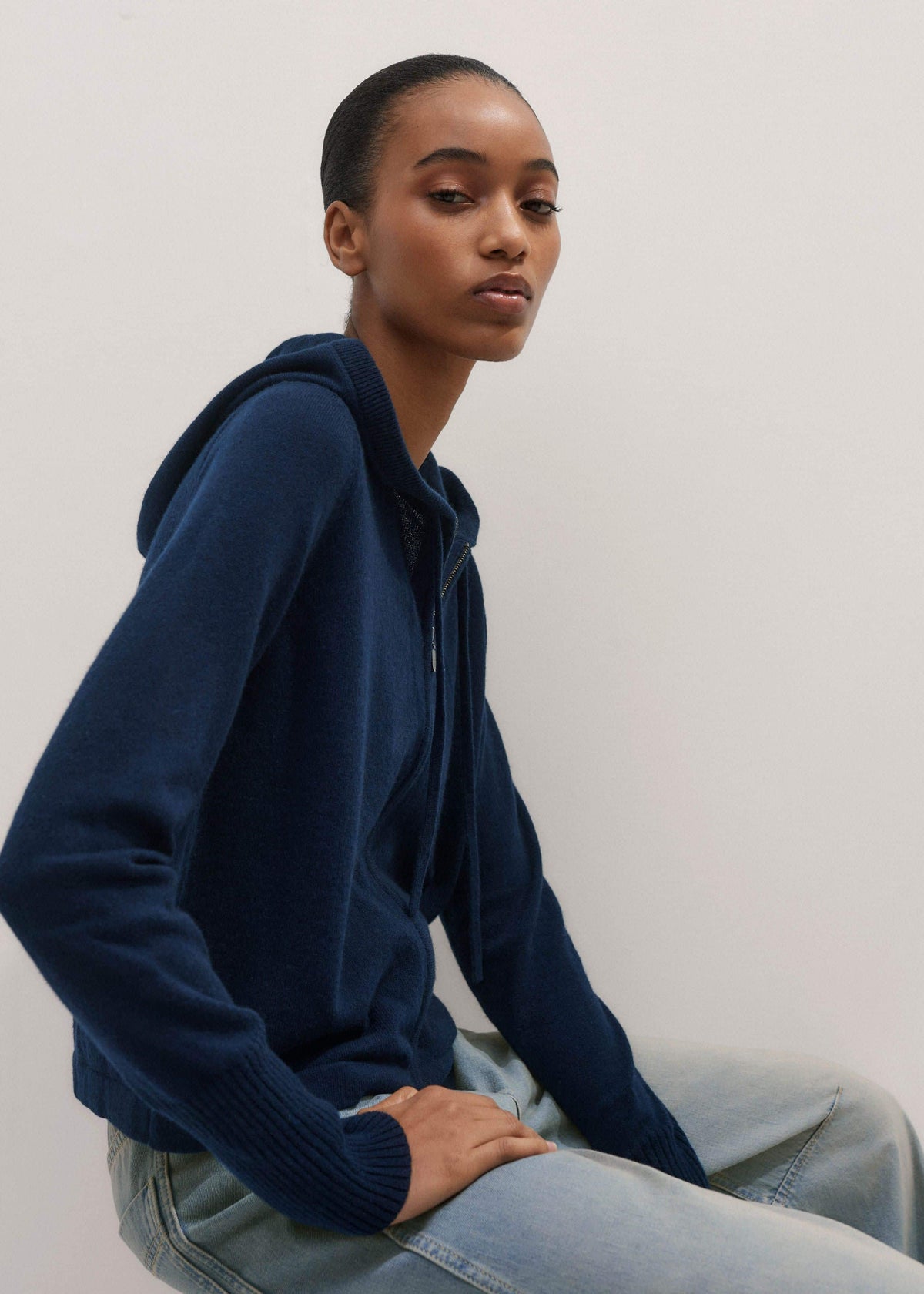 Navy Cashmere Relaxed Fit Box Zip Hoodie | ME+EM