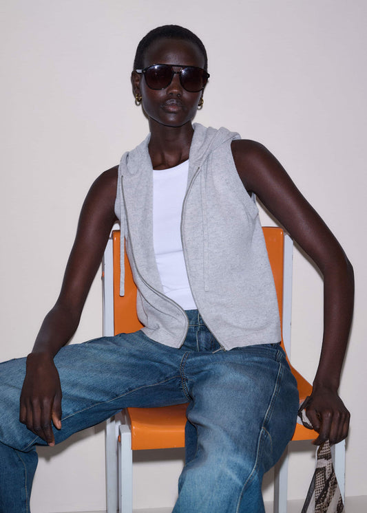 Gray Cashmere Sleeveless Relaxed Zip Hoodie | ME+EM
