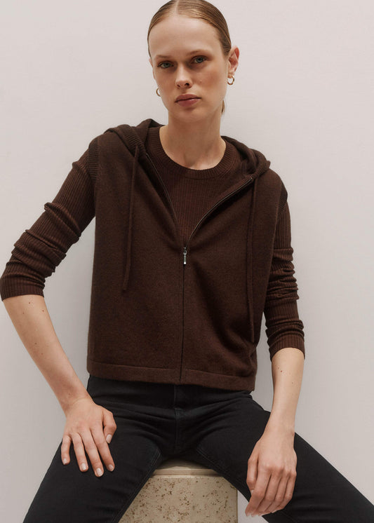 Brown Cashmere Sleeveless Relaxed Zip Hoodie | ME+EM