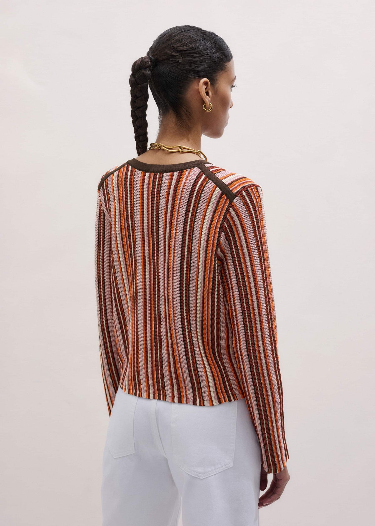 Cinnamon Brown Metallic Stripe Cardigan | ME+EM