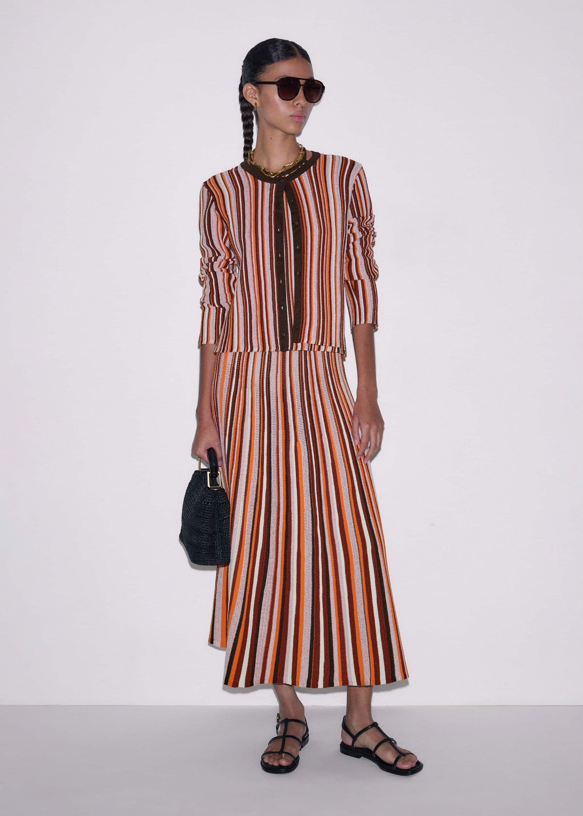 Cinnamon Brown Metallic Stripe Cardigan | ME+EM