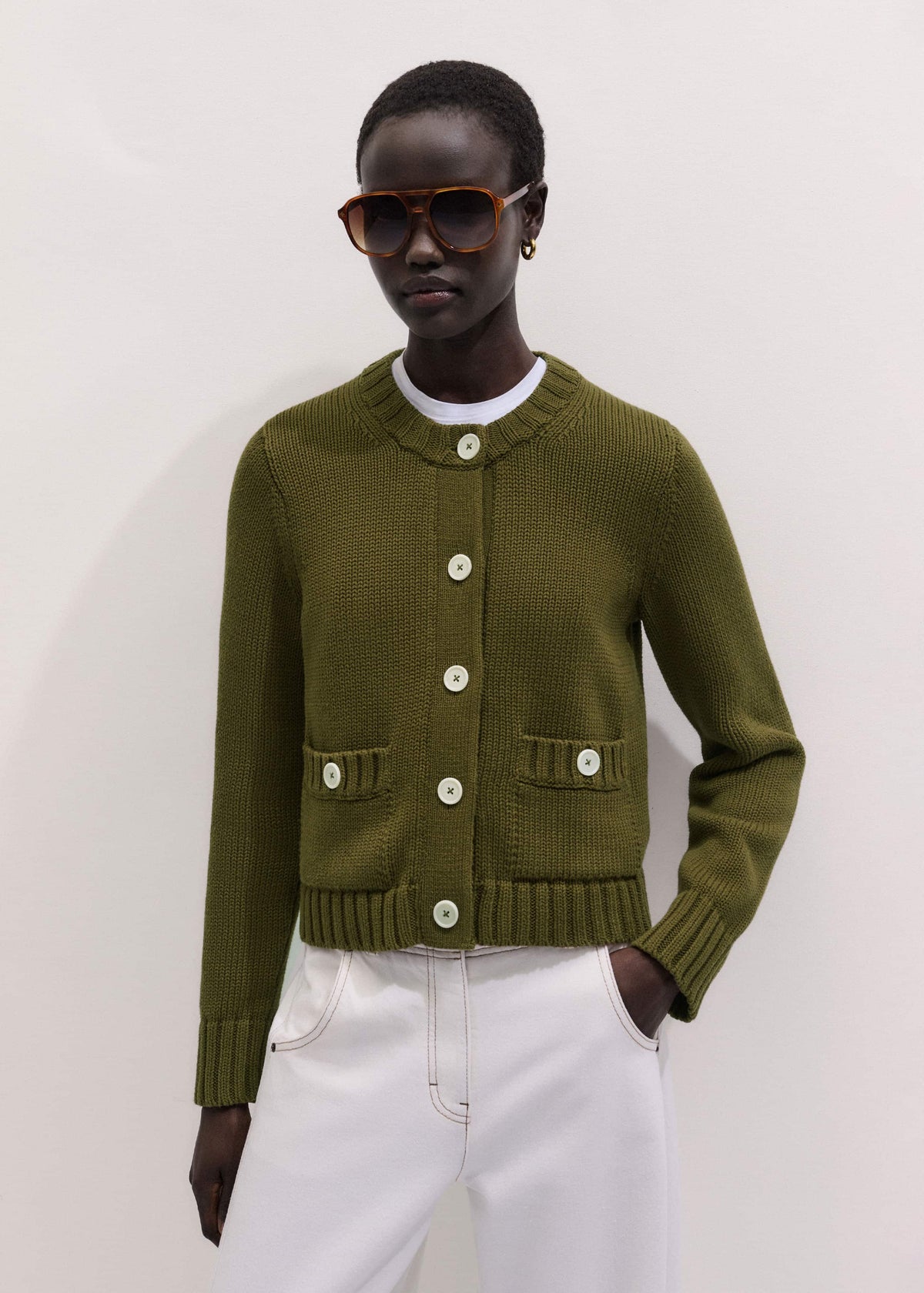 Olive Green Straight Crop Cardigan | ME+EM
