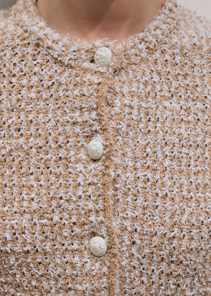 Cream Tweed Knit Pouf Shoulder Textured Crop Jacket | ME+EM