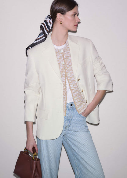 Cream Tweed Knit Pouf Shoulder Textured Crop Jacket | ME+EM