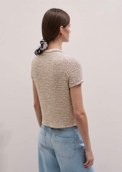Cream Tweed Knit Pouf Shoulder Textured Crop Jacket | ME+EM