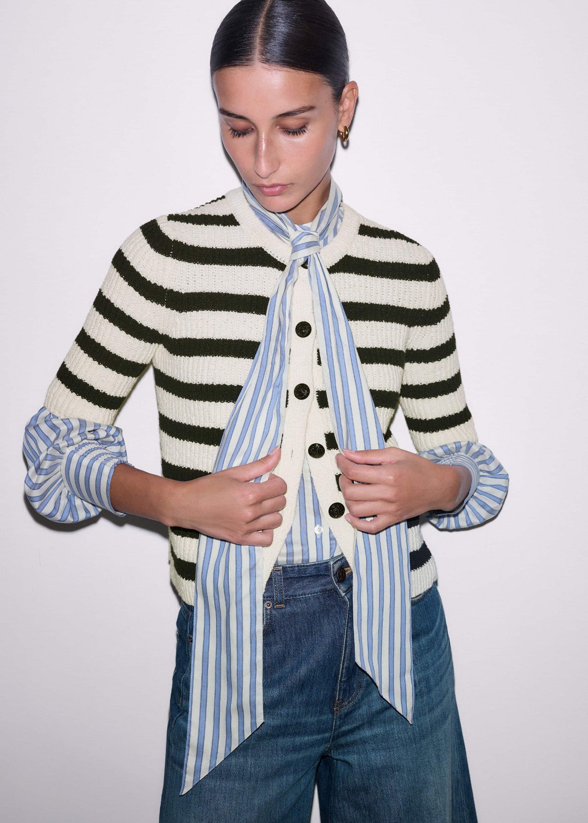 Cream Bouclé Stripe Short Sleeve Cardigan | ME+EM